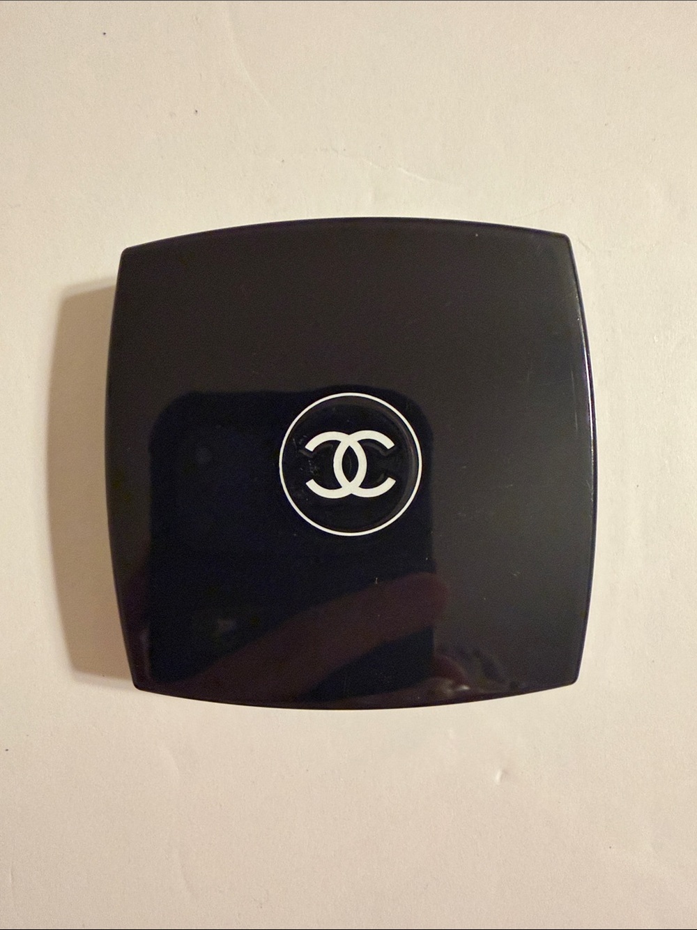 CHANEL Black Glossy Compact Powder Blush Case with White CC Emblem